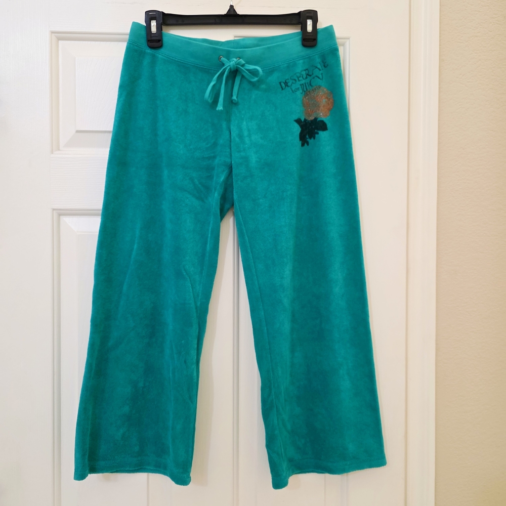 NWOT Y2K Vintage Juicy Couture Teal Terry Cloth Cropped Track Pants | Size S